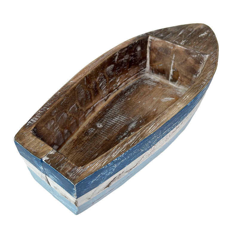 12 Inch Wooden Boat Tray &ndash; Nautical Blue Coastal Decor Centerpiece Bowl image number 4