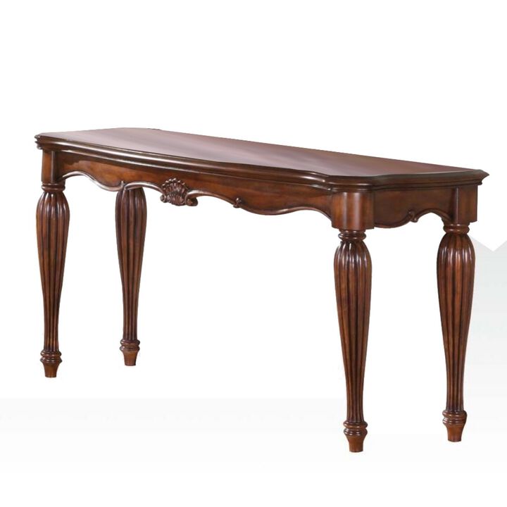 Wooden Sofa Table with Carved Details, Cherry Brown-Benzara