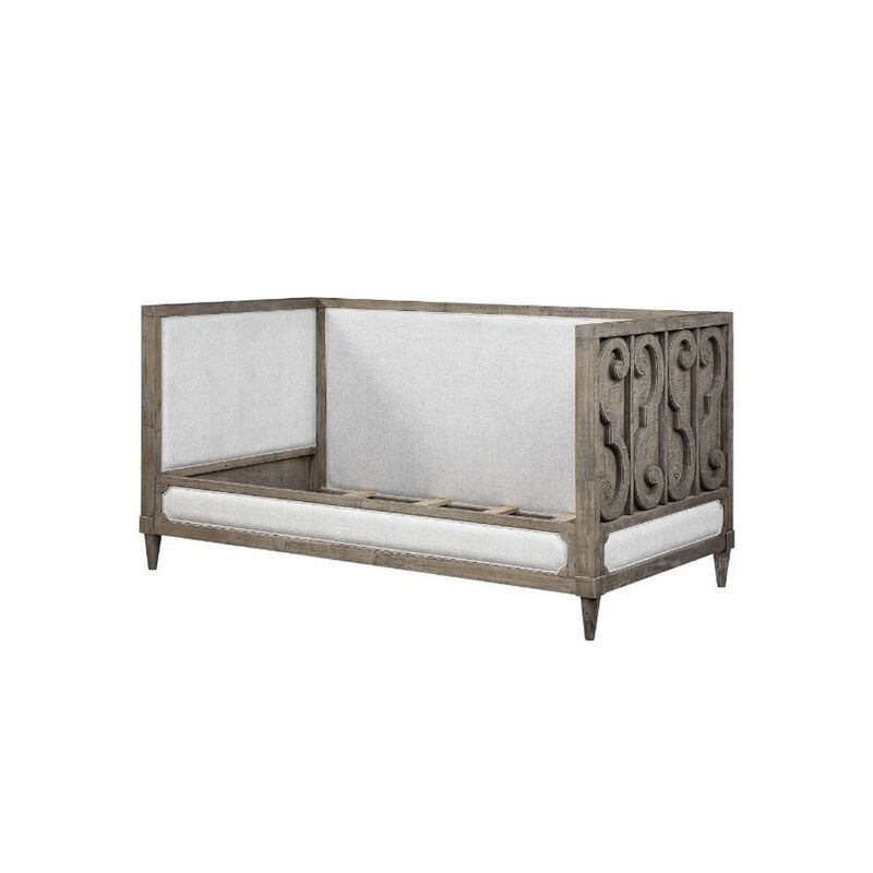 Daybed with Fabric Upholstery and Carvings, Weathered Brown image number 0