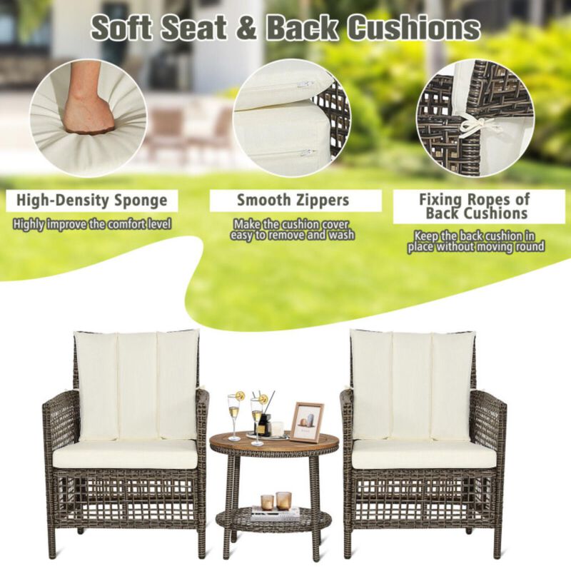Hivvago 3 Pieces Patio Rattan Furniture Set with Cushioned Sofas and Wood Table Top