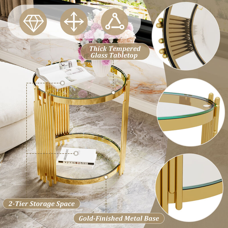 Merax Modern Mirror Round End Table Asymmetrical Metal Frame with Lower Shelf image number 3