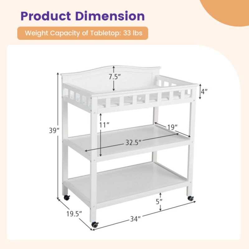 Mobile Changing Table with Waterproof Pad and 2 Open Shelves