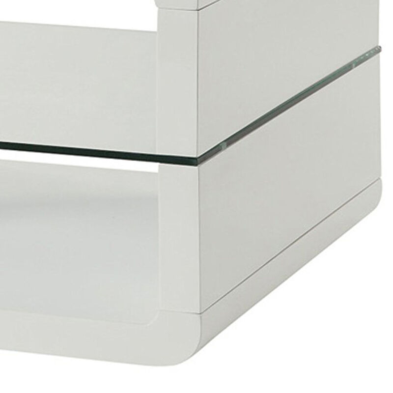 Modern End Table With Rounded Corners & Clear Tempered Glass Shelf, White-Benzara
