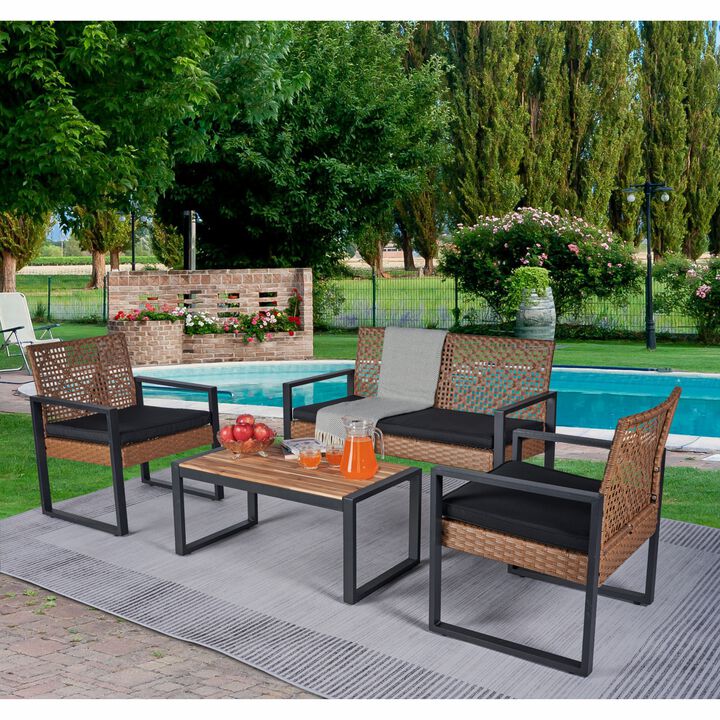 MONDAWE 4-piece PE Rattan Patio Conversation Set Outdoor Seating Set with Acacia Wood Table, Loveseat Chair and 2 Single Chair-Brown