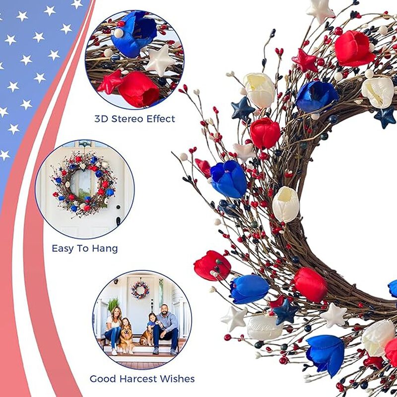 Patriotic Tulip Wreath with Berries and Star Accents for Seasonal Door Decor image number 3