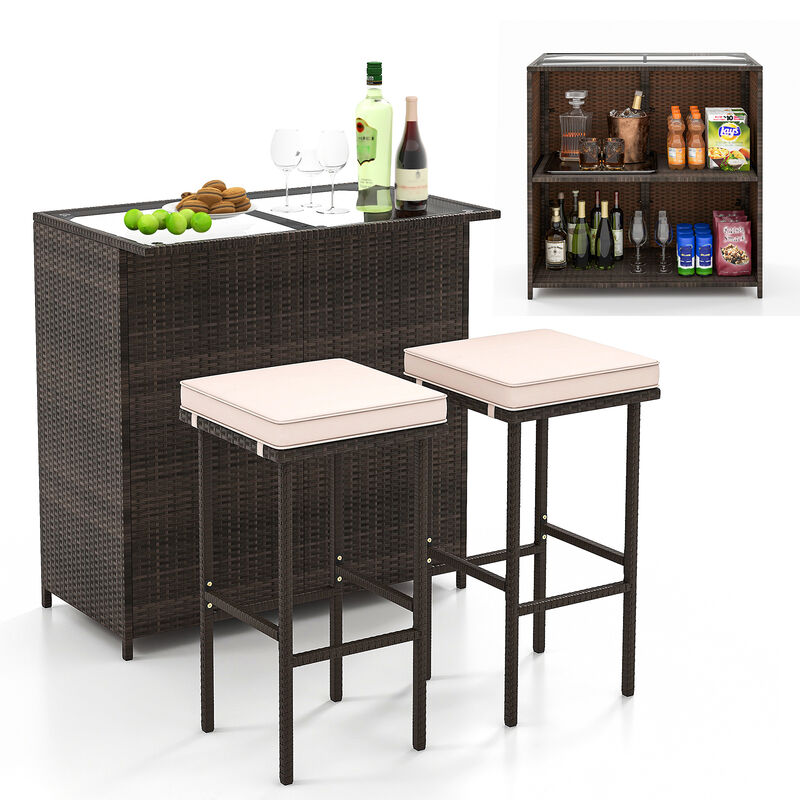 3 Pcs Patio Bar Set with Tempered Glass Tabletop