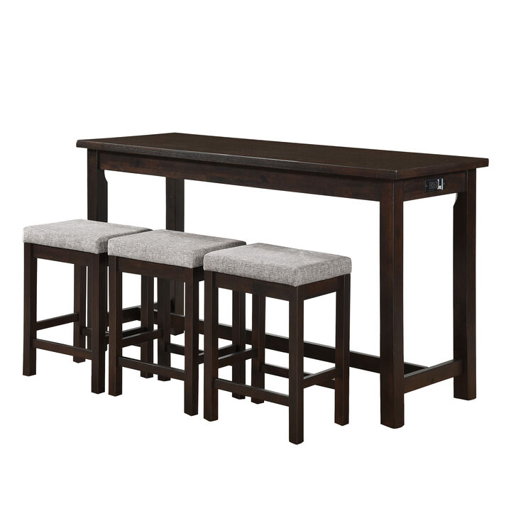 1 Drawer Counter Height Table with Backless Stools, Set of 4, Brown and Gray