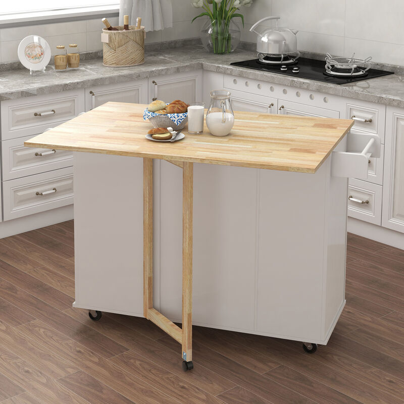 Kitchen Island with Spice Rack, Towel Rack and Extensible Solid Wood Tabletop-White