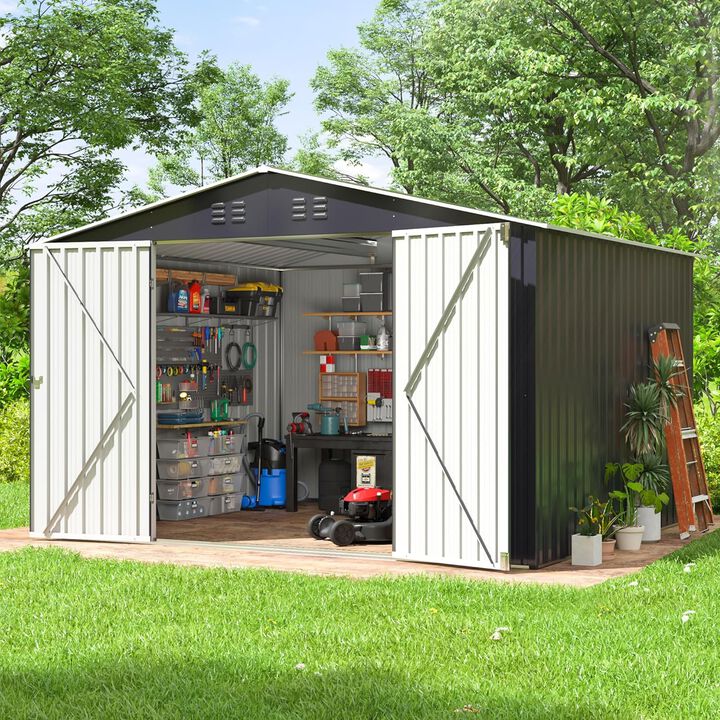 Mondawe 10'x8' Outdoor Galvanized Steel Storage Shed With Lockable Door & Ventilated Waterproof Roof