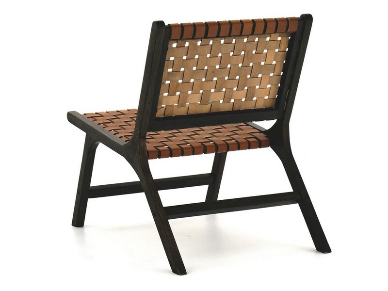 Wooden Frame Accent Chair with Leather Stripe Woven Pattern, Brown - Benzara