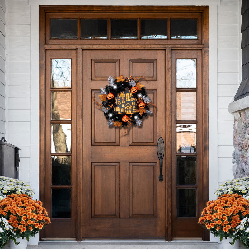 Orange and Black Haunted House Halloween Wreath  24-Inch  Unlit image number 1