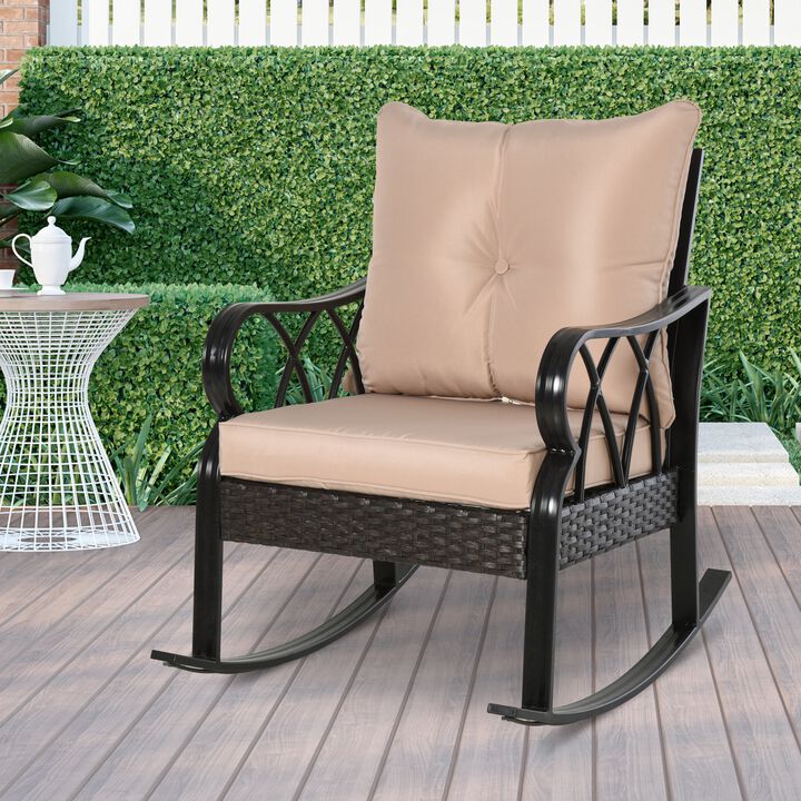 Outdoor Wicker Rocking Chair with Padded Cushions, Aluminum Furniture Rattan Porch Rocker Chair w/ Armrest for Garden, Patio, Khaki