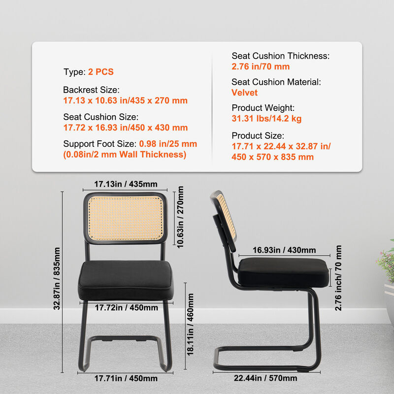 Set of 2 Rattan Dining Chairs Mid Century Modern Velvet Upholstered Accent Chairs