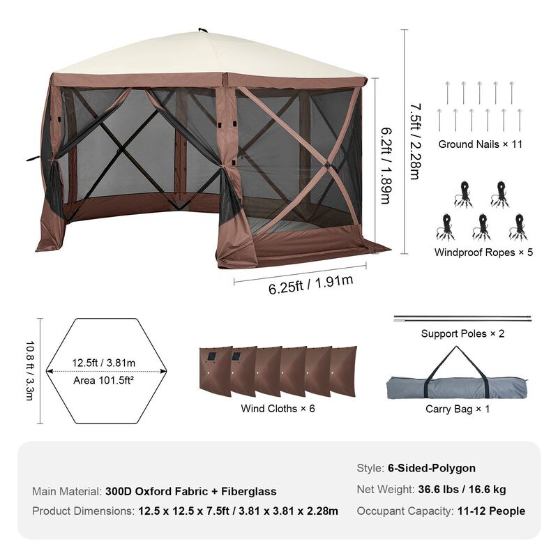 Portable 6-Sided Screen Canopy Tent with Privacy Panels, Mesh Windows & Quick Setup Design-Brown image number 2