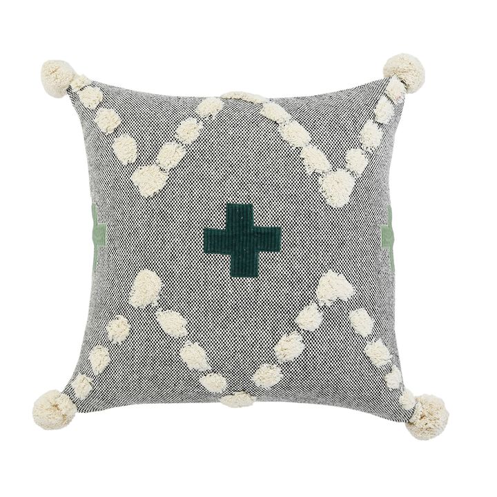 20" Green and Gray Swiss Cross Hand Loomed Square Throw Pillow