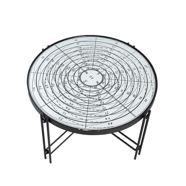 32 Inch Nautical Mirror Top Coffee Table, Vintage Compass Design, White, Black