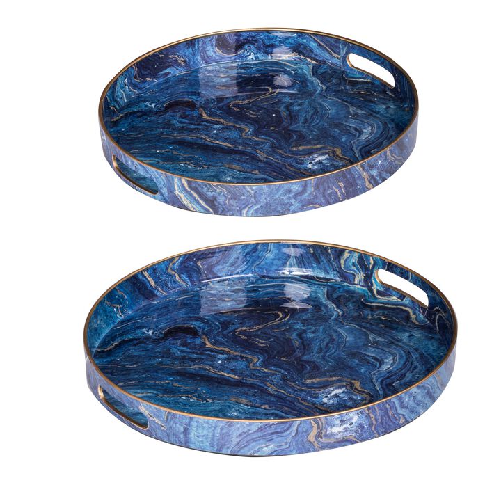 Set of 2 Round Accent Trays, Tabletop Decor, Marbling, Blue, Gold Marbling - Benzara