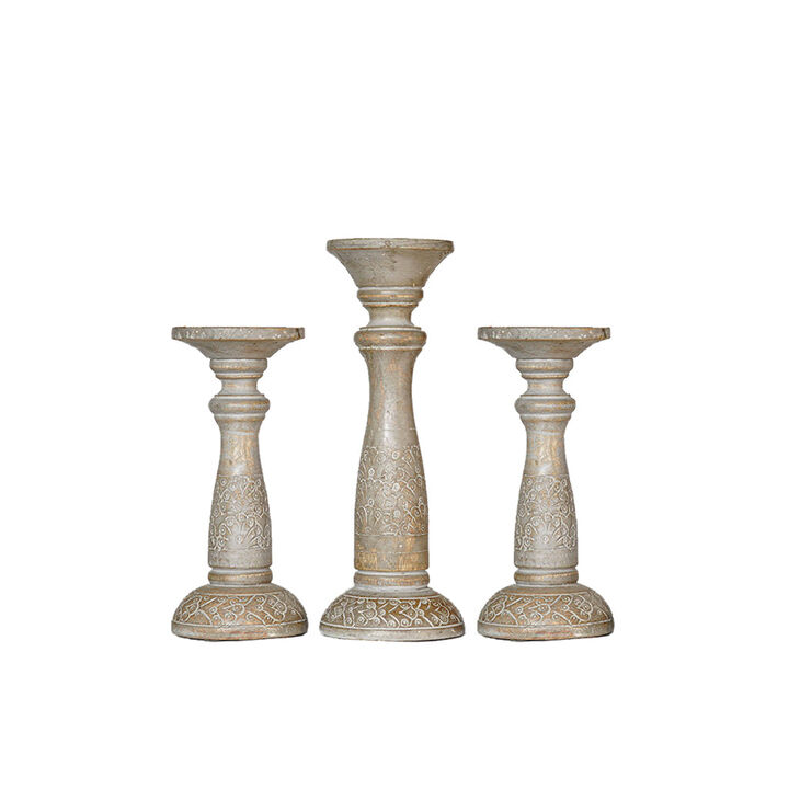 Traditional Gray Wash Eco-friendly Handmade Mango Wood Set Of Three 9",12" & 9" Pillar Candle Holder BBH Homes