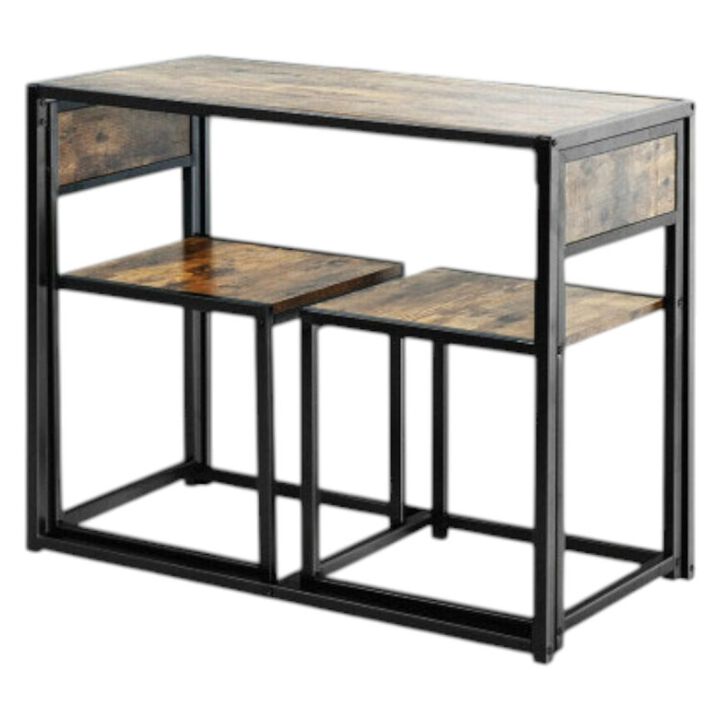3 Pcs Dining Set Compact Table and 2 Chair with Metal Frame for for Small Space