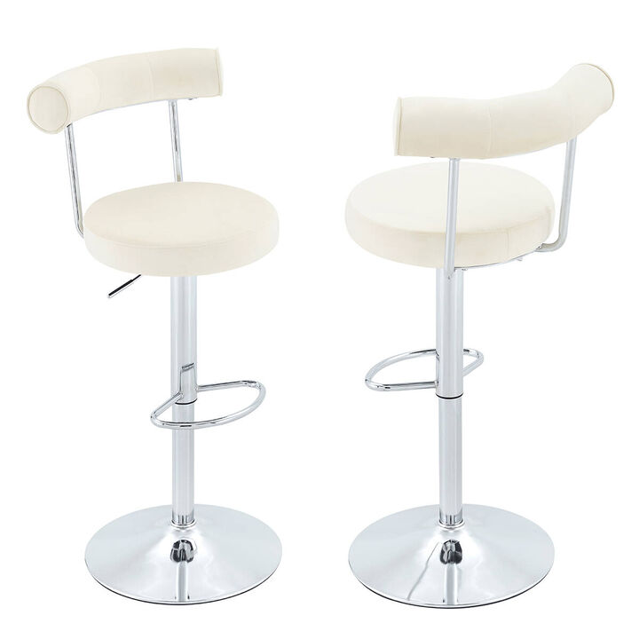 Set of 2 swivel bar stools, velvet upholstered adjustable height bar chair with open back, chrome base counter stools with footrest
