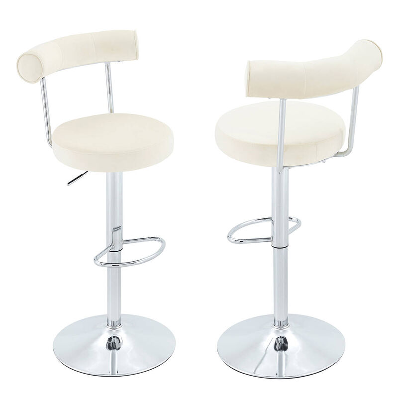 Set of 2 swivel bar stools, velvet upholstered adjustable height bar chair with open back, chrome base counter stools with footrest image number 0