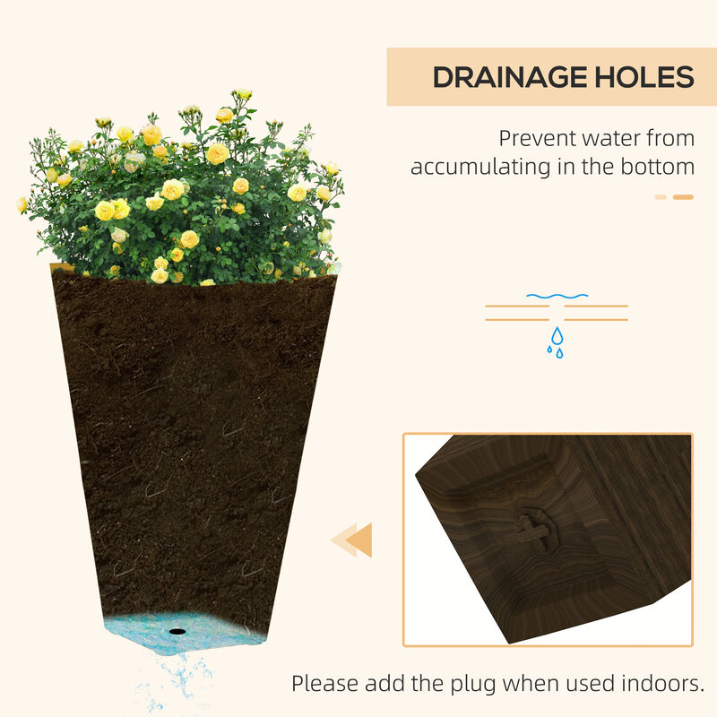 Outsunny 28" Tall Outdoor Planters, Set of 3 Large Taper Planters with Drainage Holes and Plug, Faux Wood Plastic Flower Pots for Outdoor, Indoor, Garden, Patio, Brown