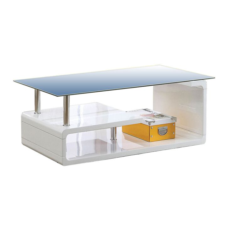 Contemporary Coffee Table with Multi Level Curled Open Shelf, White-Benzara
