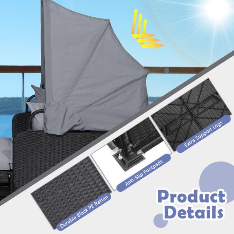 Patio Rattan Daybed with Retractable Canopy and Side Tables image number 6