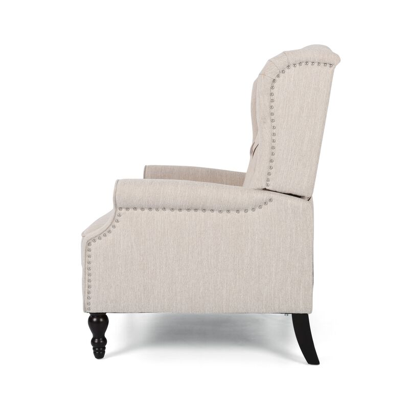 Jade Oversize Wide Chair Manual Recliner, Wingback, Beige Tufted - Benzara