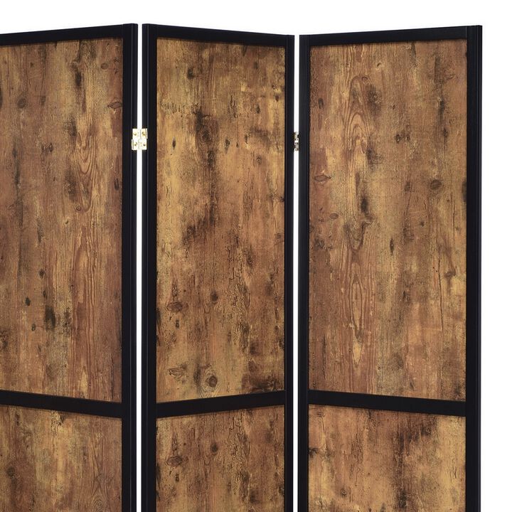 4 Panel Screen with Grain Details and Knots, Brown and Black-Benzara