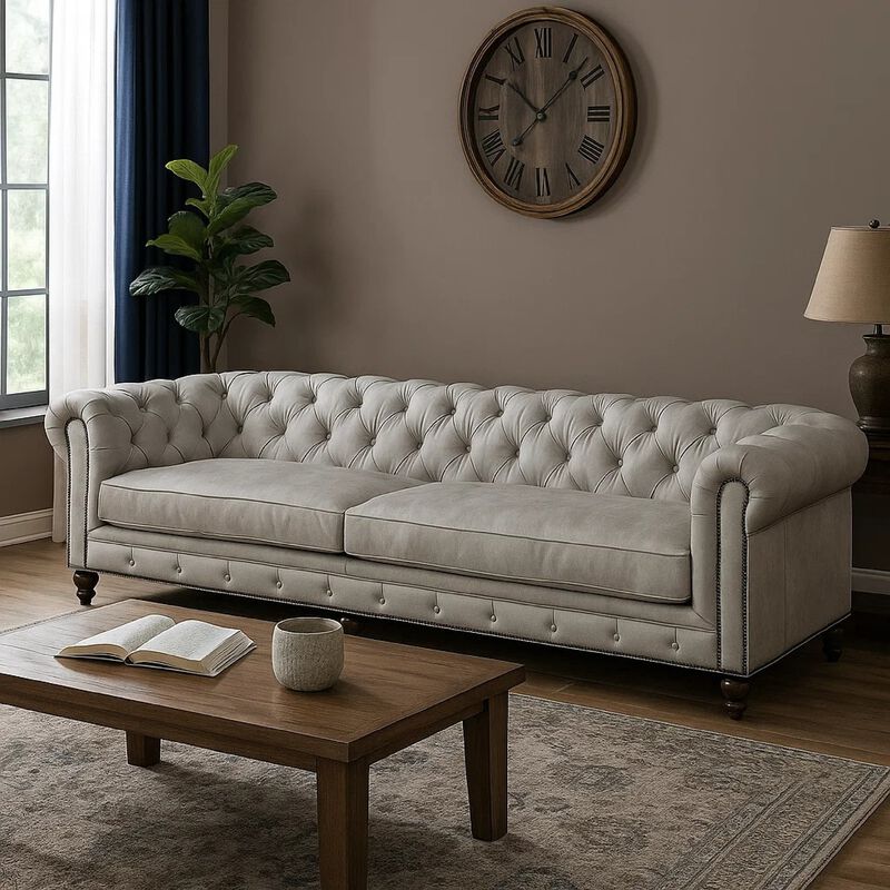 Ferry 122 Inch Chesterfield Sofa, Off White Tufted Top Grain Leather image number 1