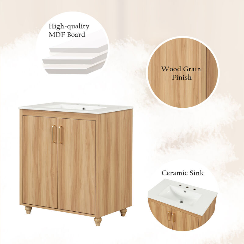 Whisen 30" Bathroom Storage Cabinet Bathroom Vanity with Ceramic Sink, Adjustable Shelf and Drawer