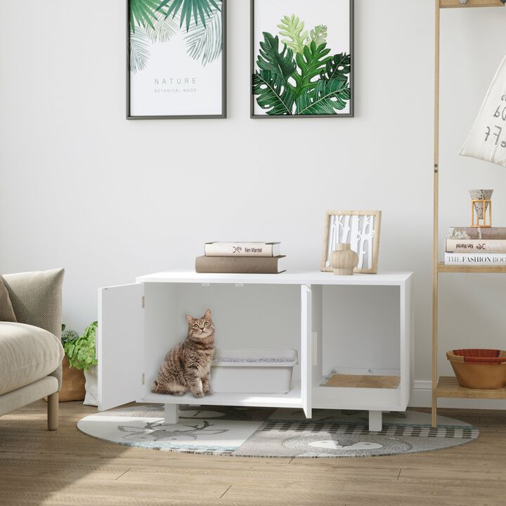 Wooden Cat Litter Box Enclosure & House with Nightstand/End Table Design  Scratcher  & Magnetic Doors  White