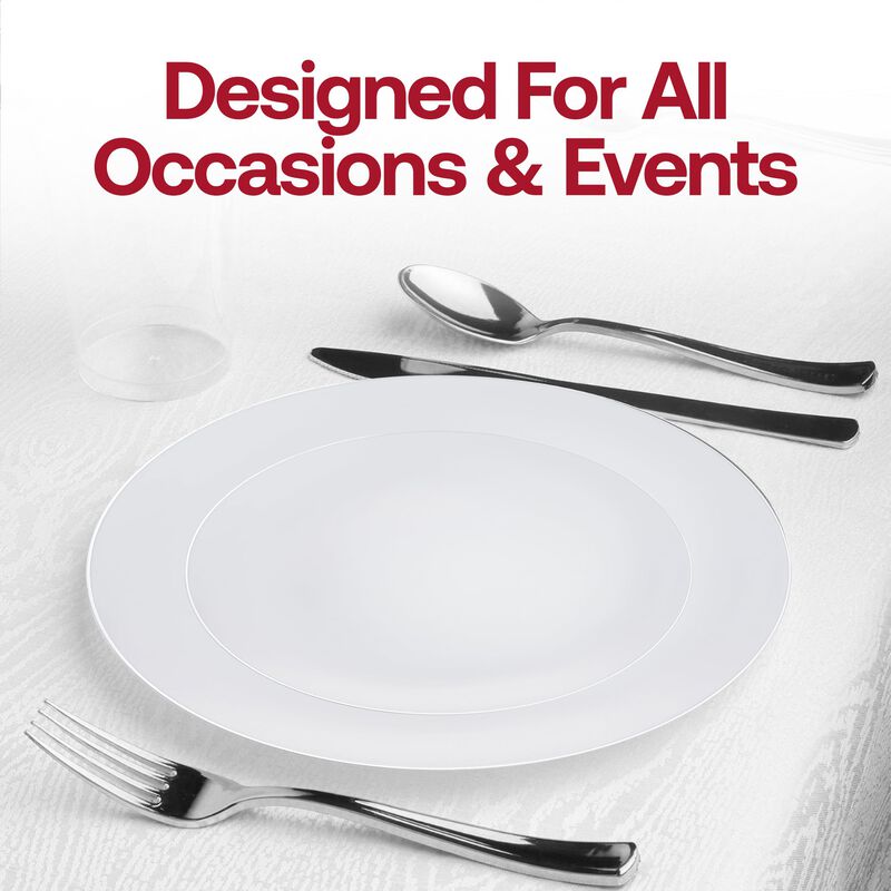 White with Silver Rim Organic Round Plastic Wedding Value Set (30 Sets) image number 6
