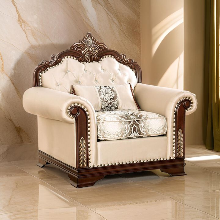 Catie Accent Chair, Beige Rolled Arms, Nailhead, Cherry Brown Solid Wood