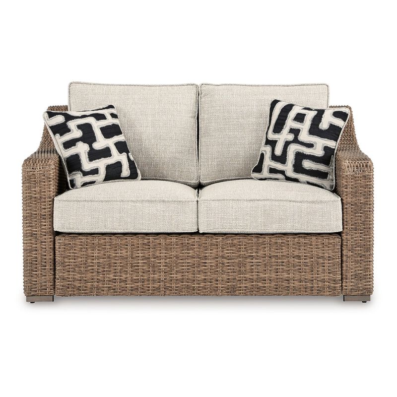 Tira Outdoor Loveseat, 57 Inch Handwoven Resin Wicker, Beige, Pillows