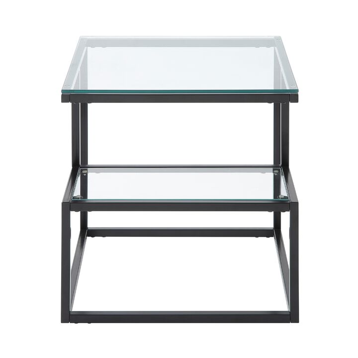 Elena End Table with 2-Tier Design, Glass Top and Shelf, Black Metal
