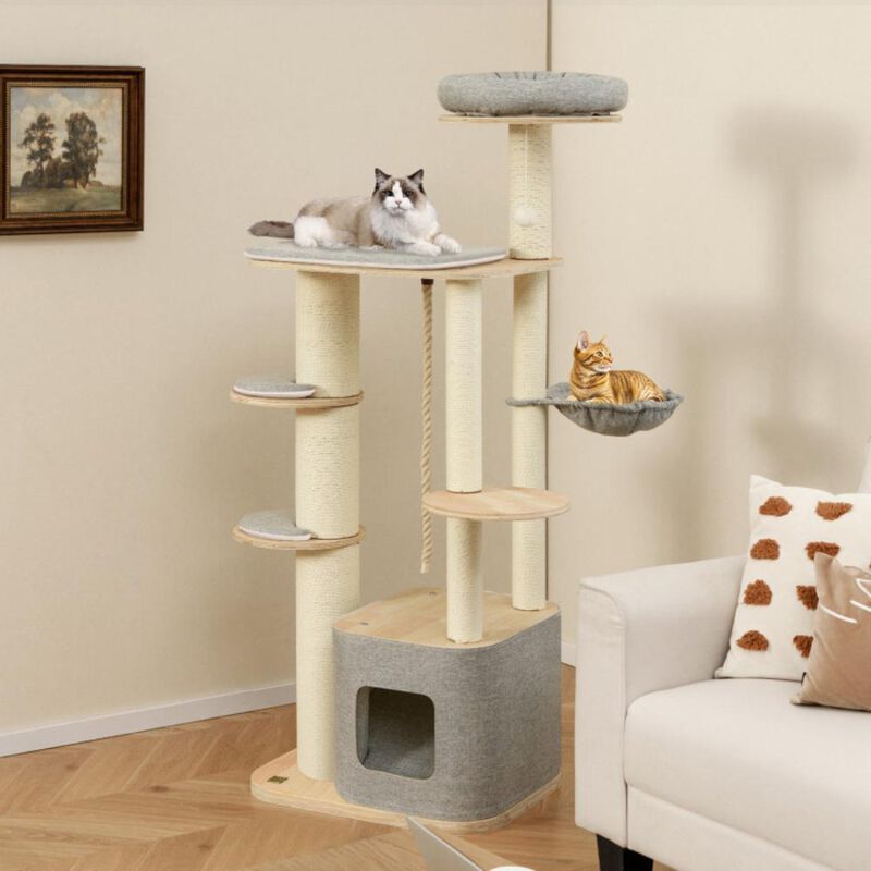 Hivvago 63 Inch Tall Cat Tree Modern Wooden Cat Tower with Perch Condo Hammock