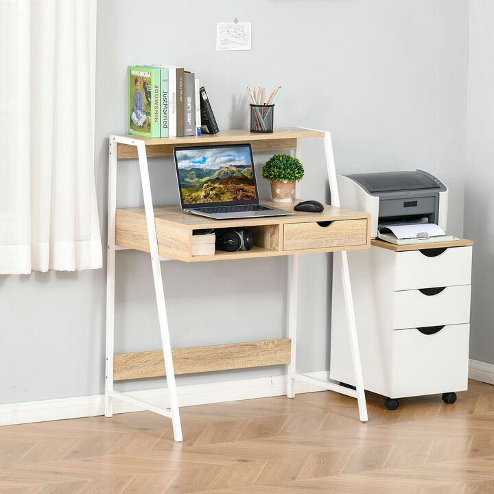 Computer Desk for Small Spaces, Study Writing Desk, Small Corner Desk with Drawer and Storage Shelves, Space Saving & Easy Assemble, Natural