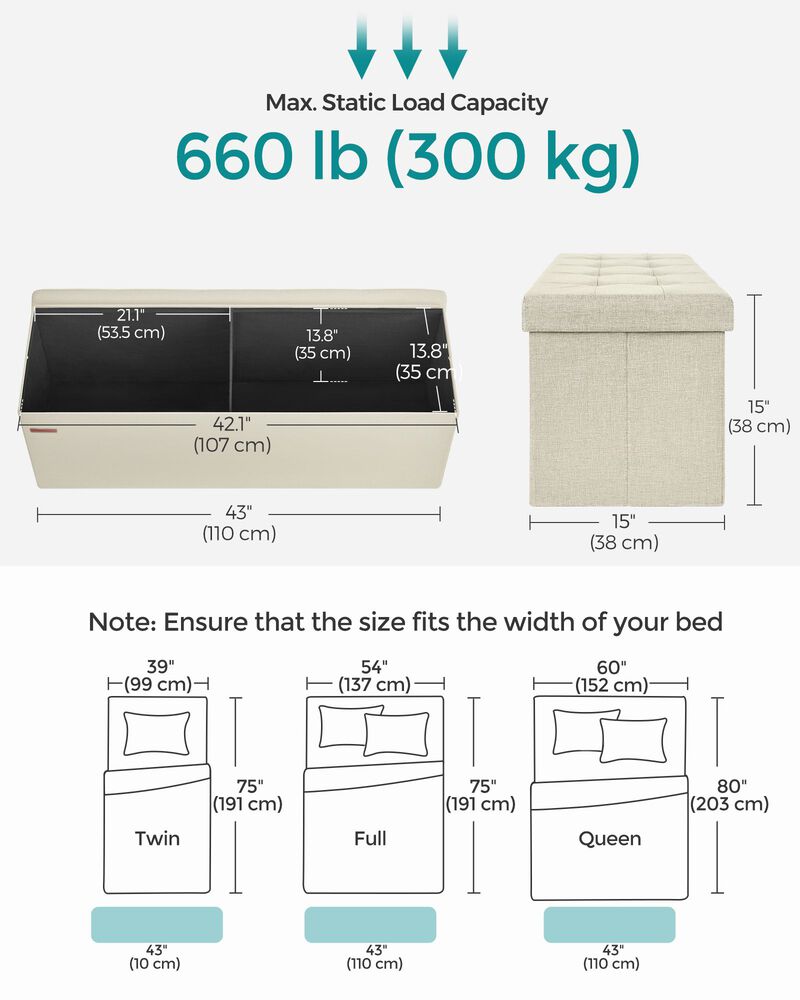 Long Folding Ottoman with Storage and Divider &ndash; 43" Upholstered Bench and Foot Stool for Home Organization