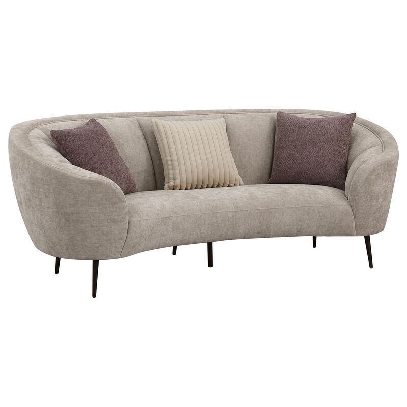 Zui Curved Sofa, 92 Inch, Beige Fabric, Round Design, 3 Accent Pillows - Benzara