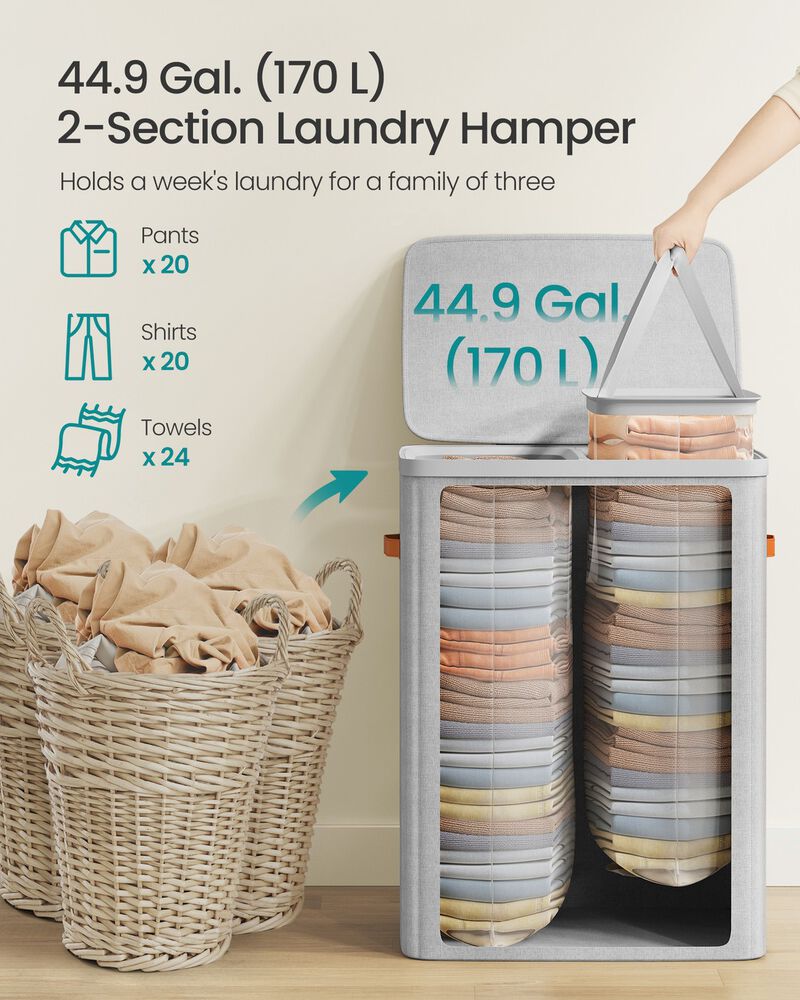 Large Laundry Hamper 44.9 Gal with Lid Handles Dove Grey image number 4