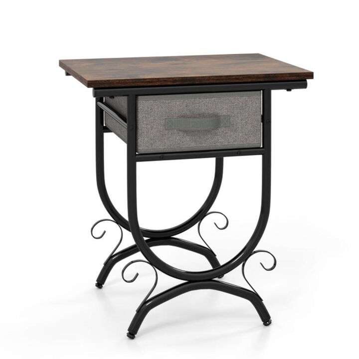 Hivvago Side Table with Fabric Drawer and Carved Metal Frame for Living Room
