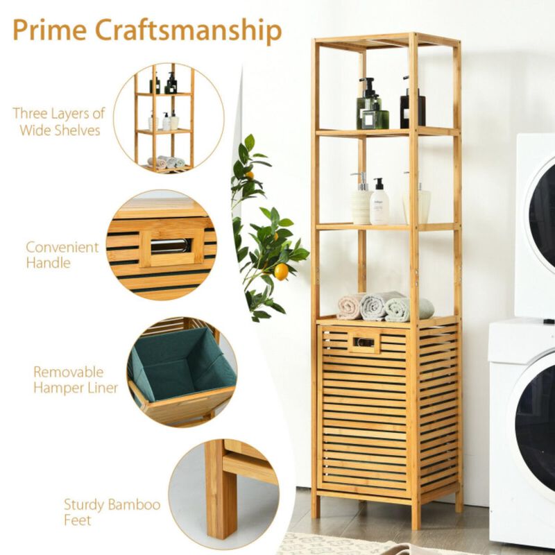 Hivvago Bamboo Tower Hamper Organizer with 3-Tier Storage Shelves