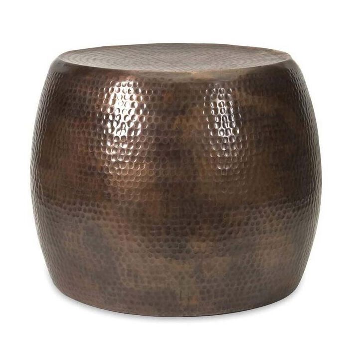 20 Inch Classic Iron Low Accent Table, Round Top, Drum Shape, Brown