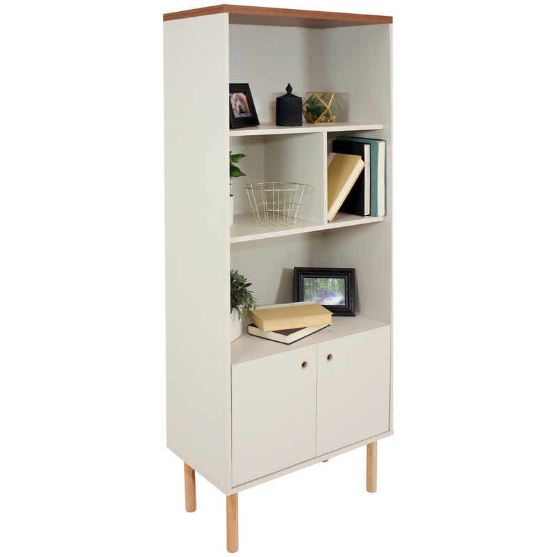 Sunnydaze Mid-Century Modern 5-Shelf Bookshelf with Storage Cabinet - Latte