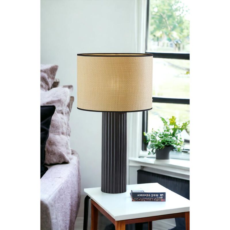 Hivvago 29" Black Ceramic Cylinder Table Lamp With Beige Drum Shade