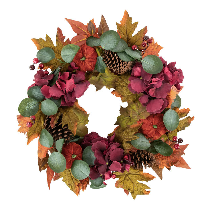 Orange and Burgundy Fall Harvest Artificial Floral and Pinecone Wreath  22-Inch