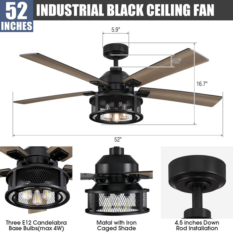 52 in. Industrial Mesh Metal Reversible Blades Black Ceiling Fan with Light and Remote
