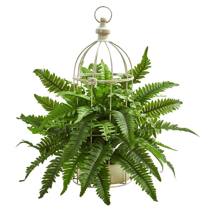 Nearly Natural 19-in Boston Fern Artificial Plant in Decorative Cage